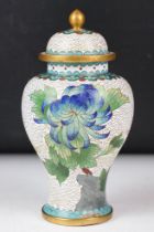 Chinese white ground cloisonne lidded vase of inverted baluster form, with floral decoration, approx