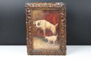 Oil on board, classical study of a terrier and a puppy in a barn, 25 x 16cm, framed and glazed