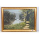 Heath, tranquil river scene, oil on canvas, signed lower left, 50 x 75cm, gilt framed