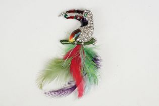 Large Enamel and Crystal Brooch in the form of a Toucan with feathers, 9cm high