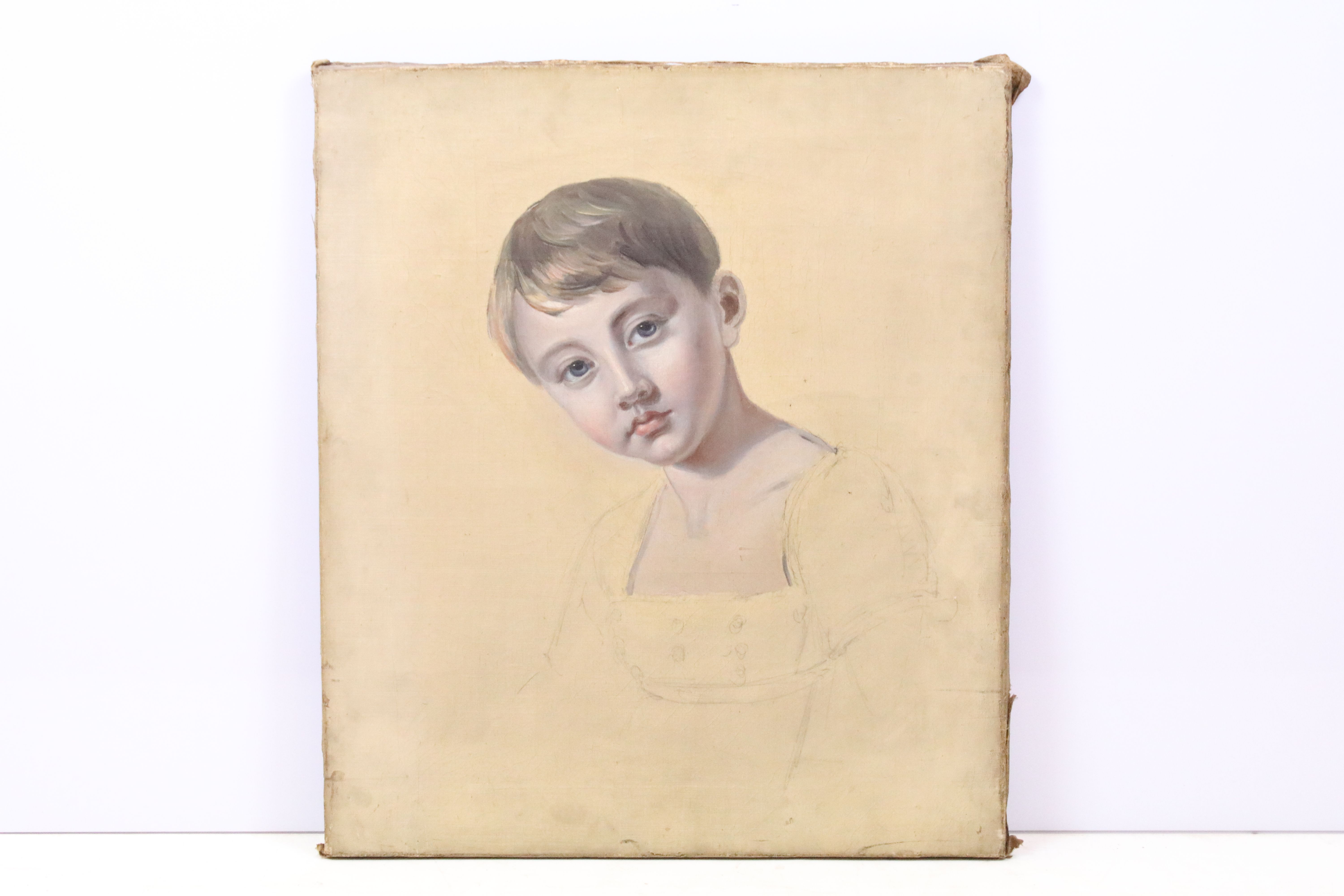 19th century English School, head and shoulders study of a child, pencil and oil on canvas, 58 x