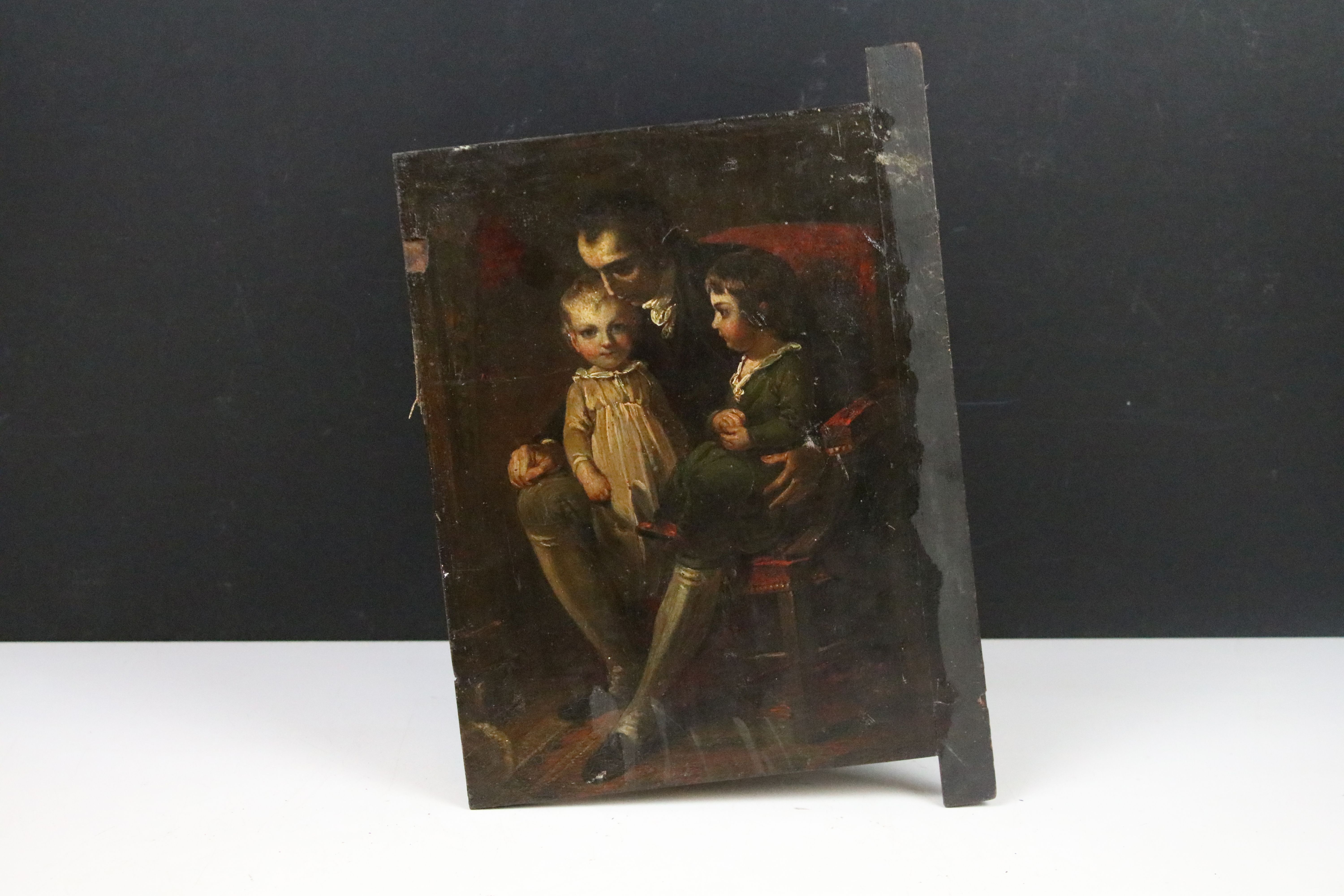 19th century English School, man with two children, oil on panel, indistinctly inscribed on tape