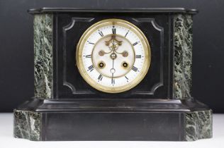 Victorian slate & marble mantel clock, the open skeleton dial with Roman numerals, measures approx
