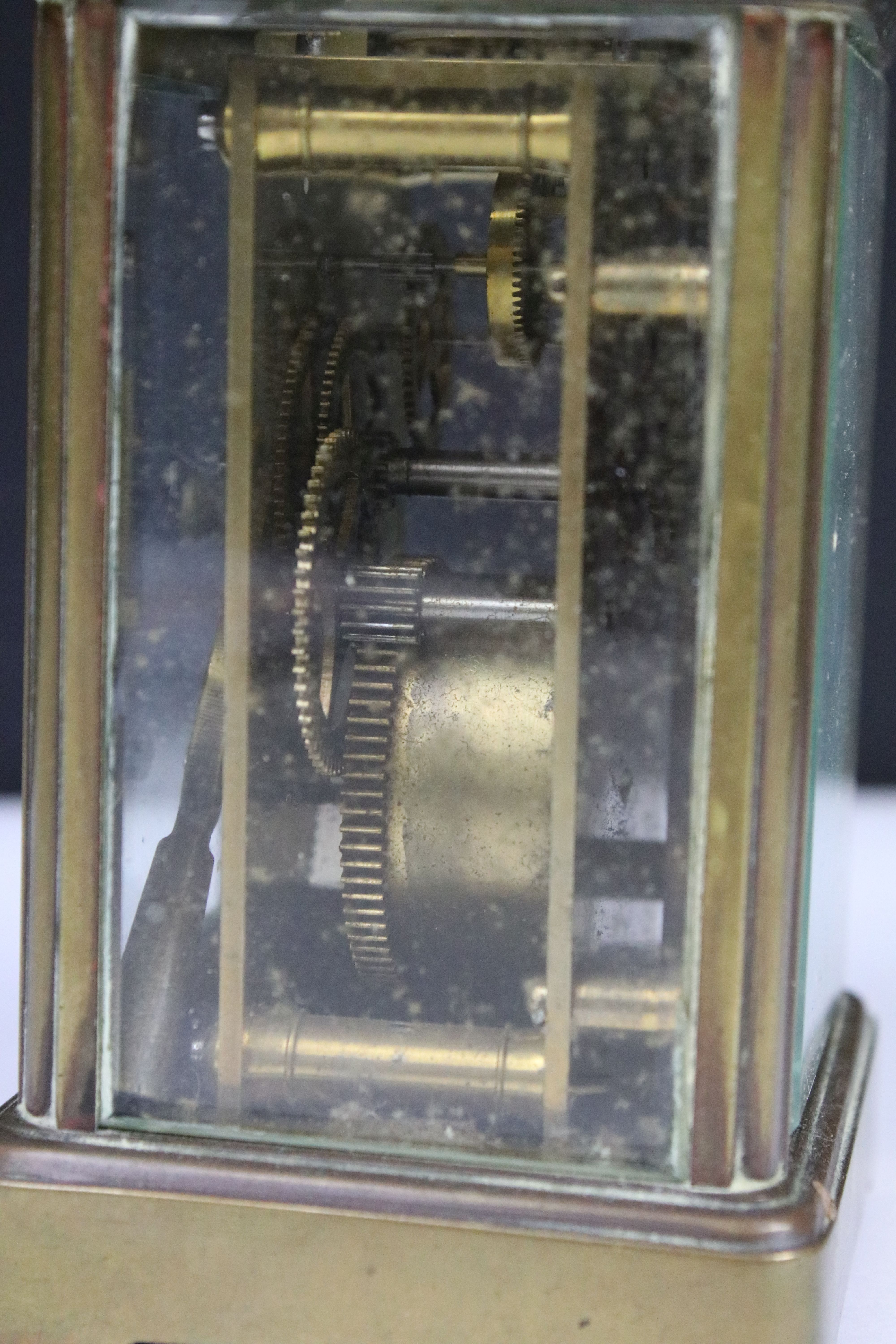 Two vintage brass cased carriage clocks with beveled glass panels and white enamel dials. - Image 4 of 8