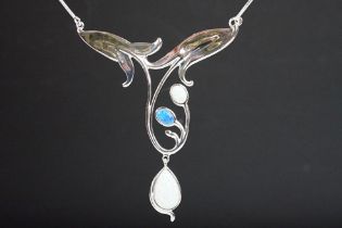 Silver opal and turquoise art nouveau style necklace