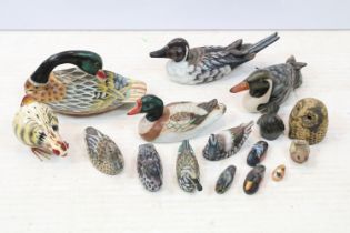 Collection of painted wooden ducks / waterbirds, a Welsh slate bird and a 'Rocking Roosters by