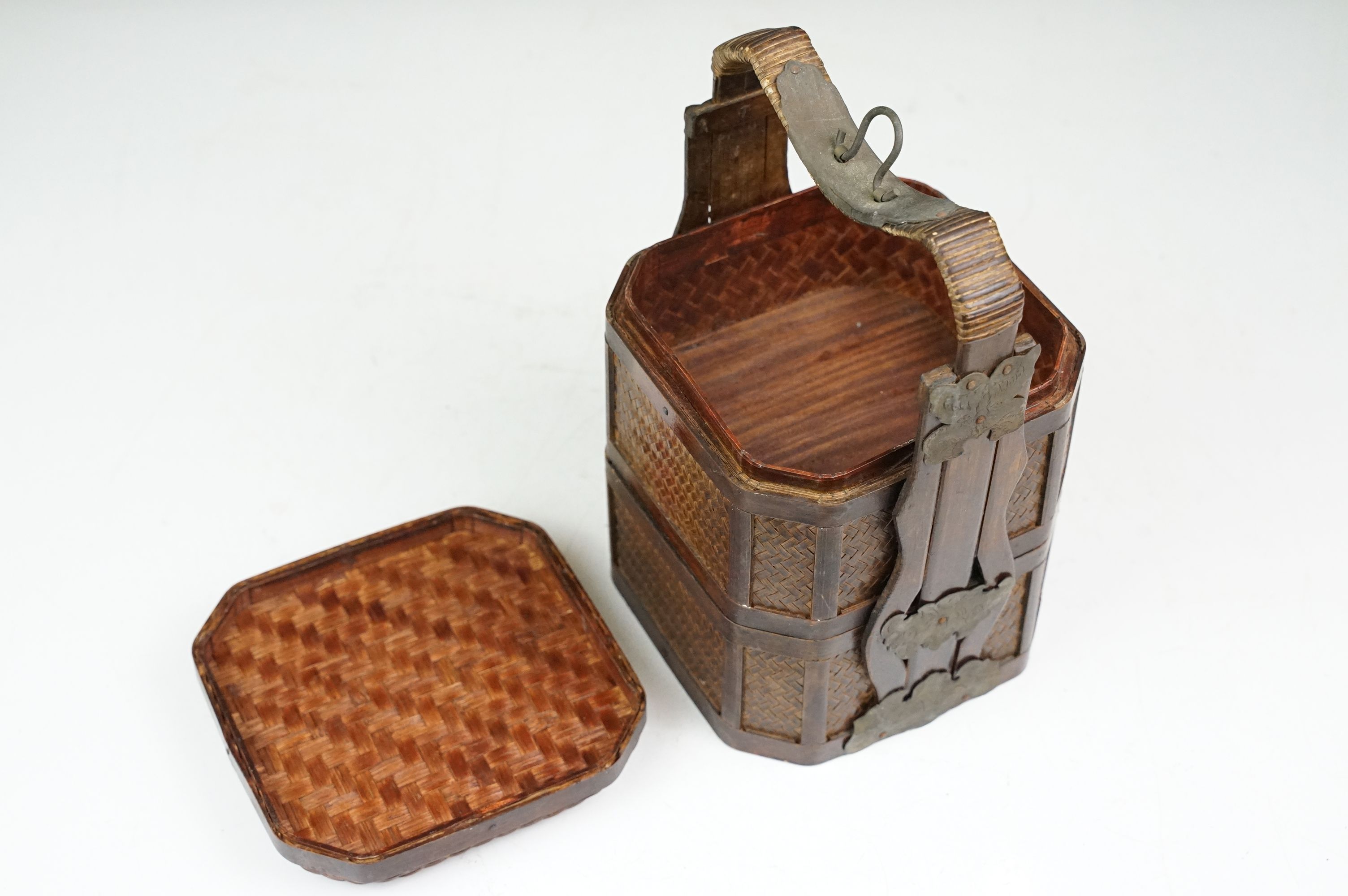Chinese octagonal wooden box with coin decoration to lid, together with a two-tiered woven lidded - Image 8 of 11