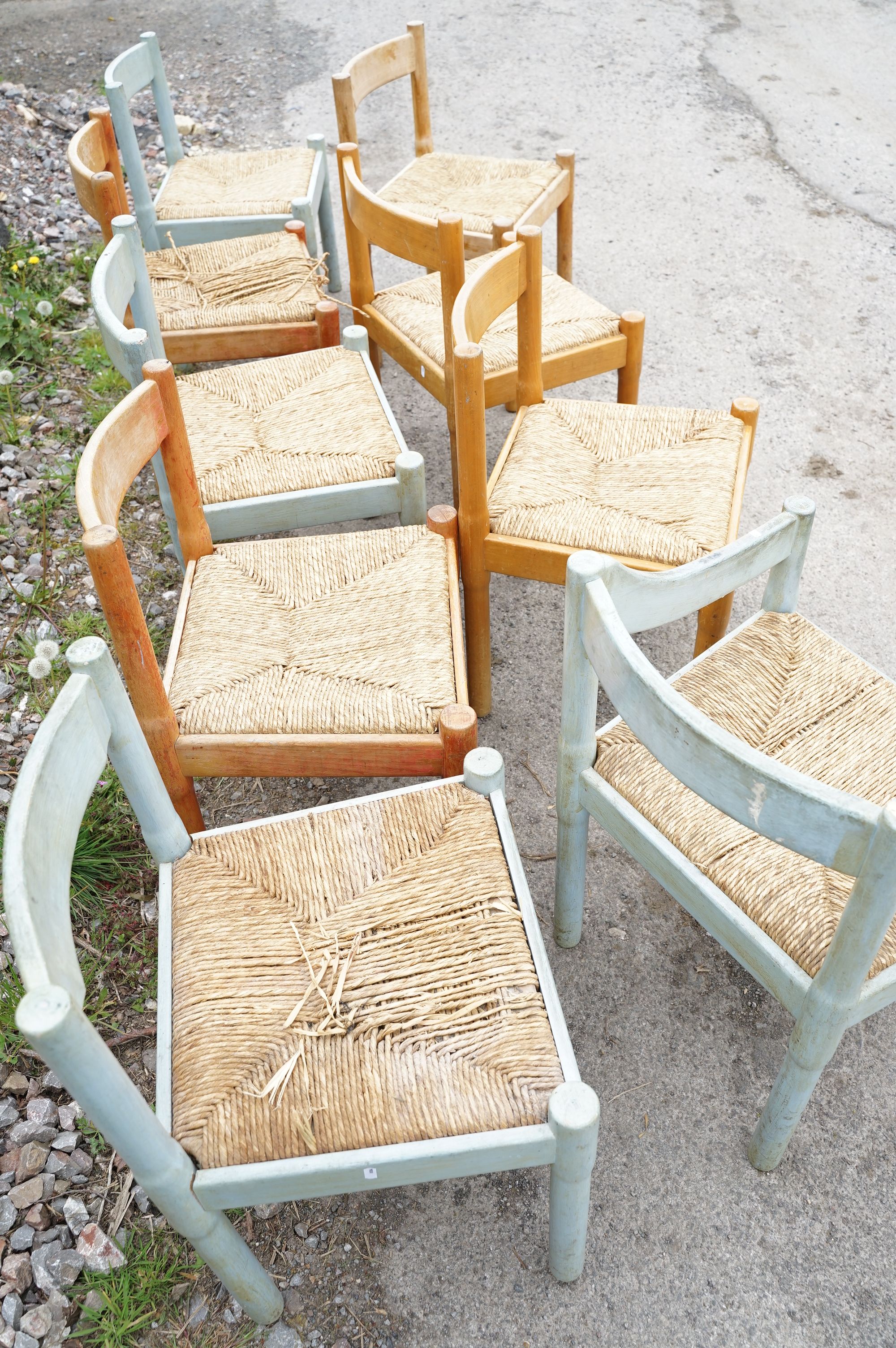 Set of nine Vico Magistretti Carimate wooden chairs with rush seats and curved backs, - Image 6 of 8