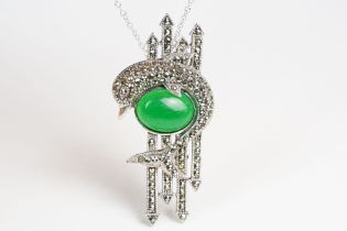 Silver and marcasite pendant necklace brooch set with jade cabachon