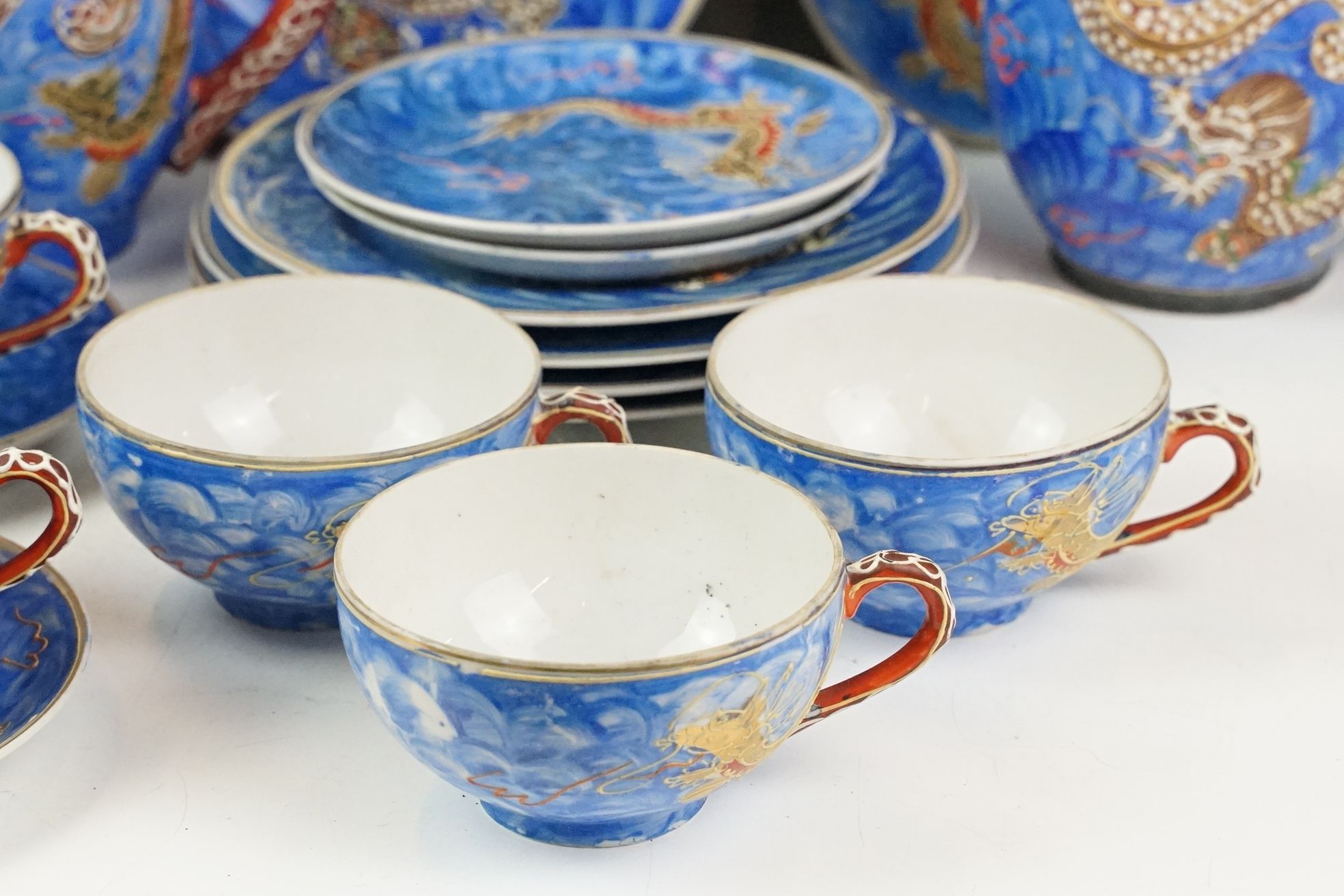 Japanese Kutani porcelain tea set for six with enamelled dragon decoration - Image 2 of 8