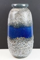 Large West German pottery fat lava vase with blue glazed band to mid section, approx 53cm tall