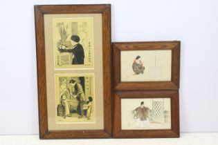 Oriental School, pair of vintage signed portraits of character actors, each 16.5 x 26.5cm, each