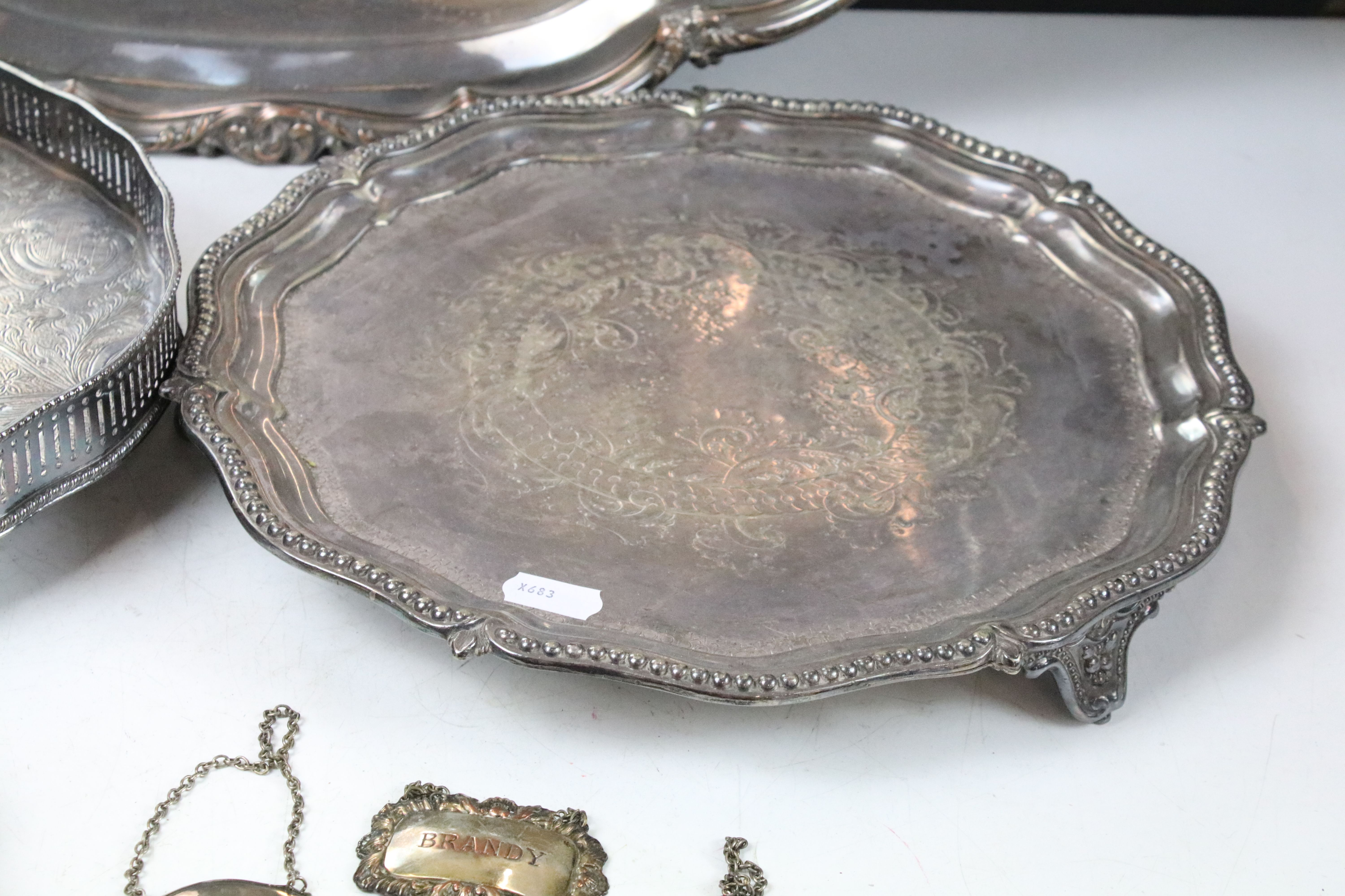Large early 20th century silver plated serving tray with cast decoration to border (approx 70cm - Image 5 of 6