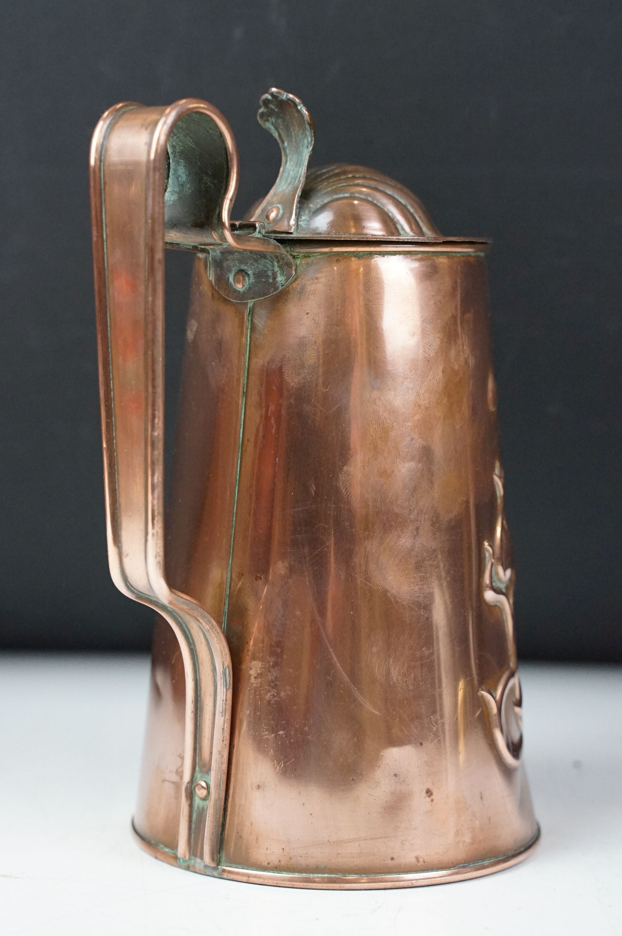 Art Nouveau / Arts & Crafts Joseph Sankey & Sons Copper Lidded Hot Water Jug with embossed - Image 3 of 5