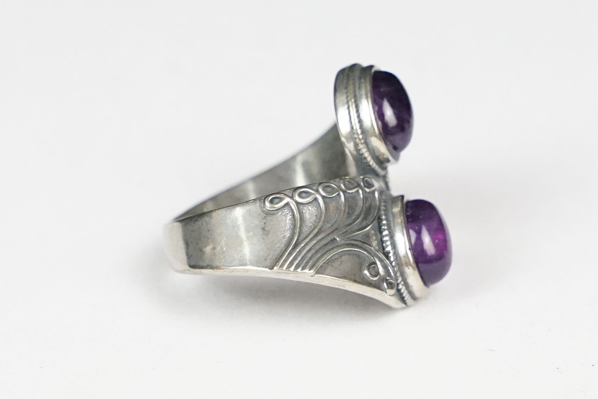 A ladies silver double amethyst cabochon dress ring, marked 925 to the inner shank. - Image 3 of 3