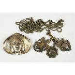 Silver portrait brooch and a chatelaine with silver medallions