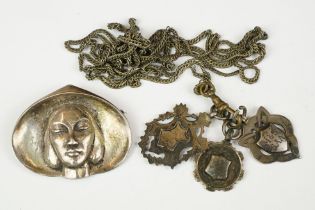 Silver portrait brooch and a chatelaine with silver medallions