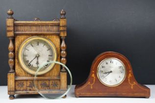 Late 19th / early 20th century carved oak mantel clock with silvered dial, together with an early