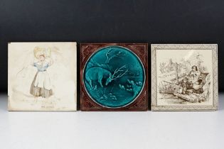 Two Victorian ' Minton Hollins & Co ' tiles including one with turquoise central panel with relief