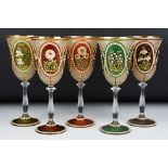 Set of five Violeta Markovic wine glasses, with tube lined and enamelled decoration, each 21cm high
