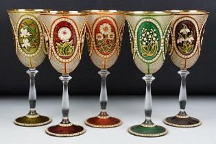 Set of five Violeta Markovic wine glasses, with tube lined and enamelled decoration, each 21cm high