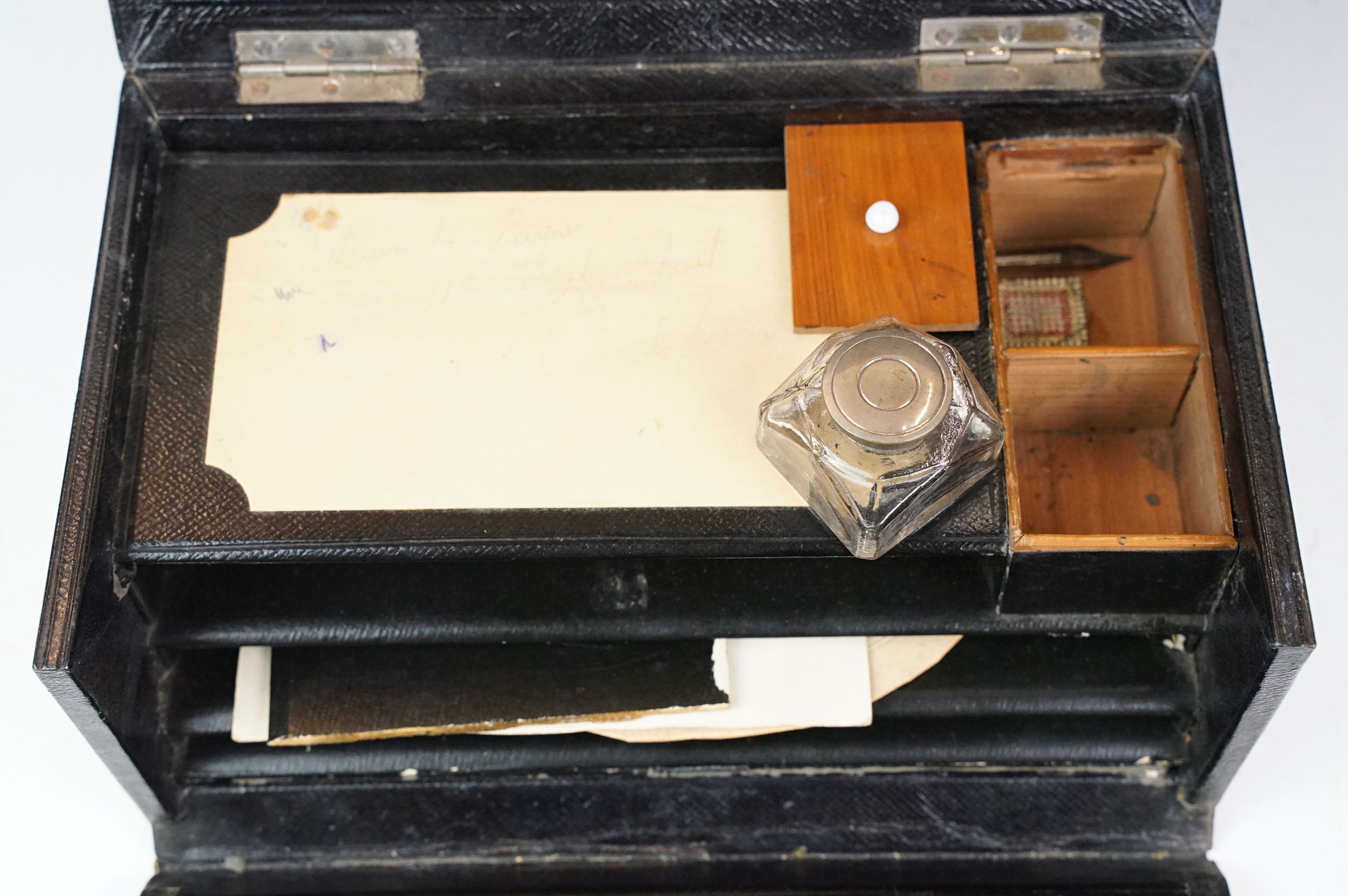 Late 19th / early 20th century leather clad stationery box, the contents to include dip pen, - Image 4 of 7