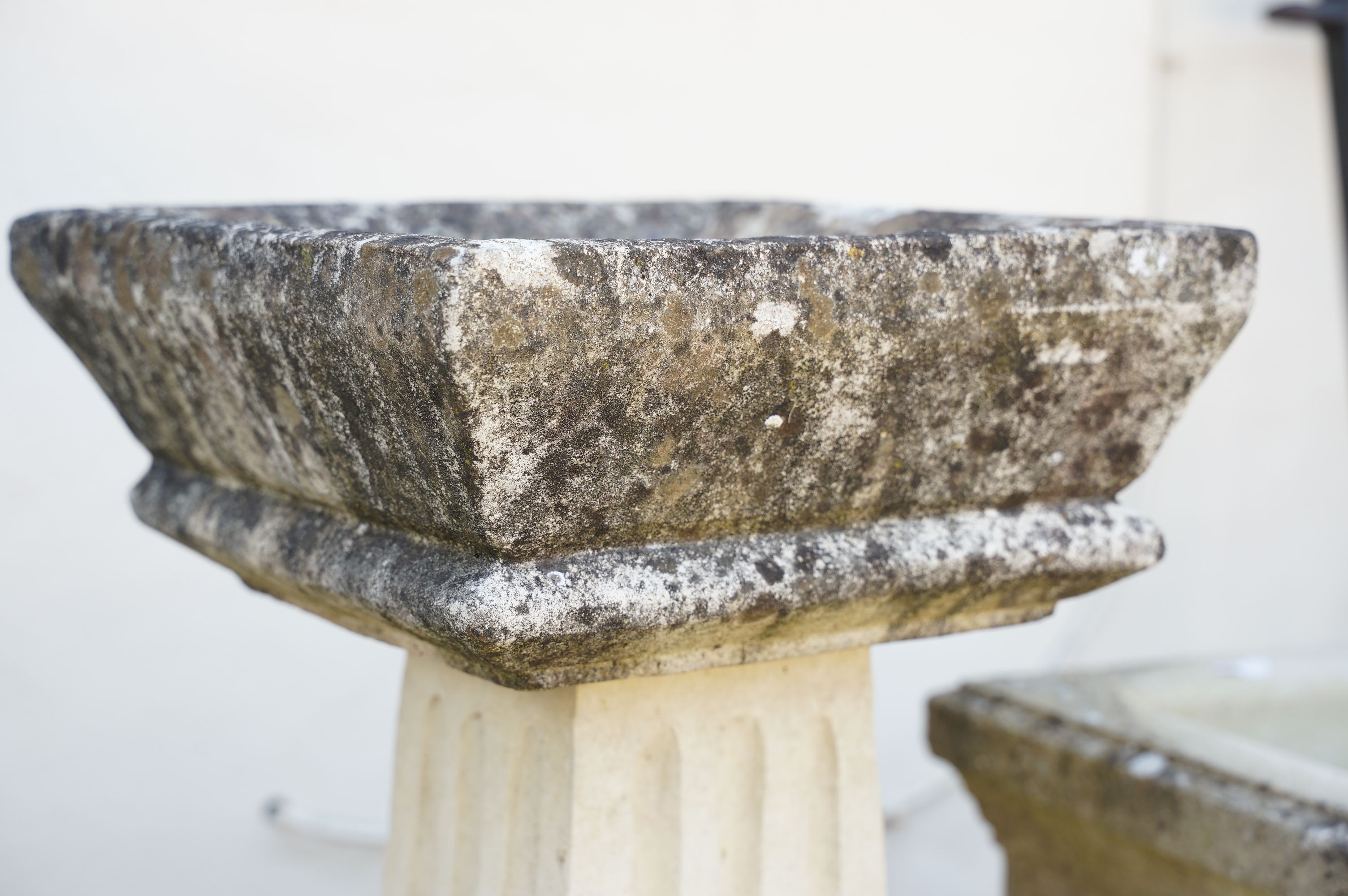 Reconstituted stone bird bath of square form, raised on a column support, measures approx 71cm high, - Image 4 of 7