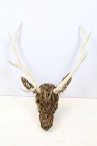 Willow stag's head sculpture, with antlers, 94cm high