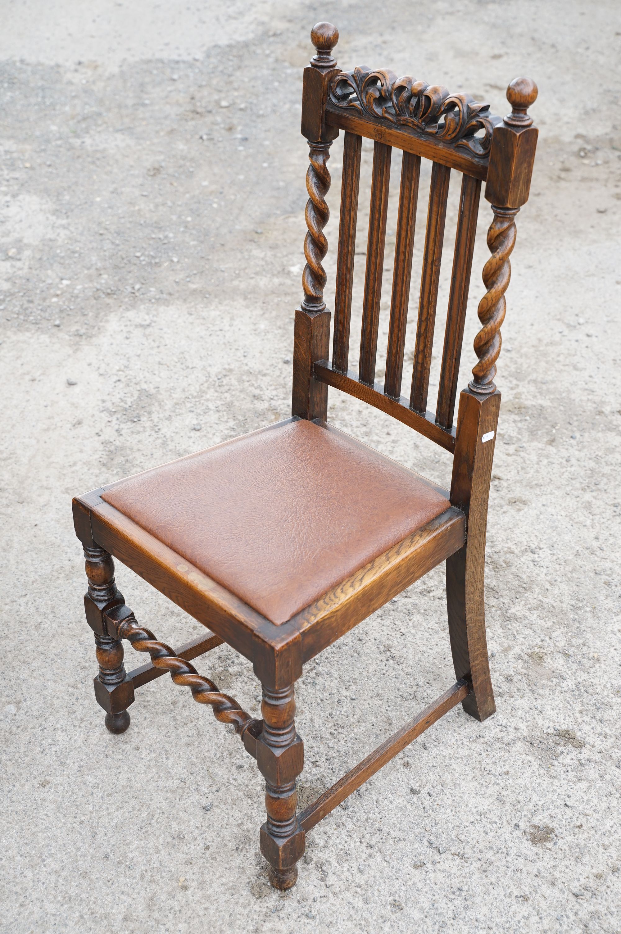 Set of four oak dining chairs with barley twist supports and carved crown details to backs, with - Image 5 of 9