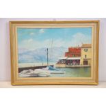 Modern School, a studio framed oil on canvas, lake side cafe with moored sailboats by Lake Garda,