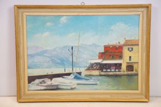 Modern School, a studio framed oil on canvas, lake side cafe with moored sailboats by Lake Garda,