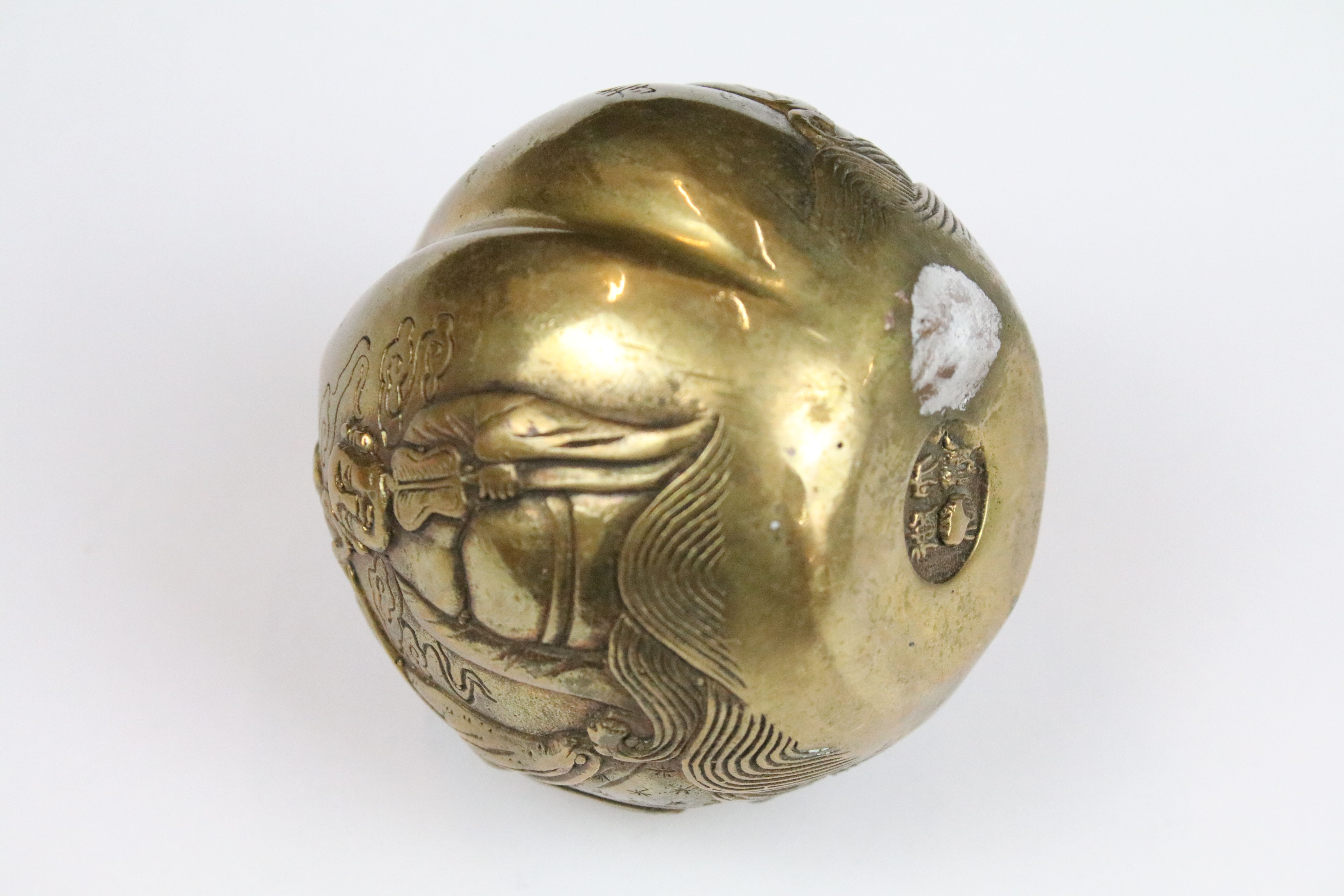 Chinese Cast Brass Longevity Peach decorated in relief with eight immortals, 7cm high together - Image 5 of 5