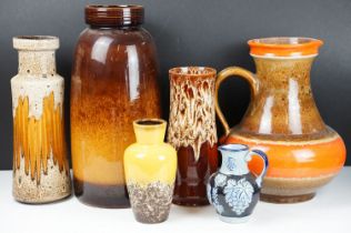 Group of six West German pottery jugs / vases to include fat lava examples, tallest approx 39cm