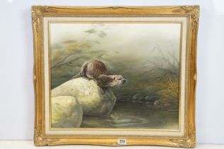 Otter on a rock, oil on canvas, signed indistinctly lower right, possibly Nance, 49.5 x 59.5cm, gilt