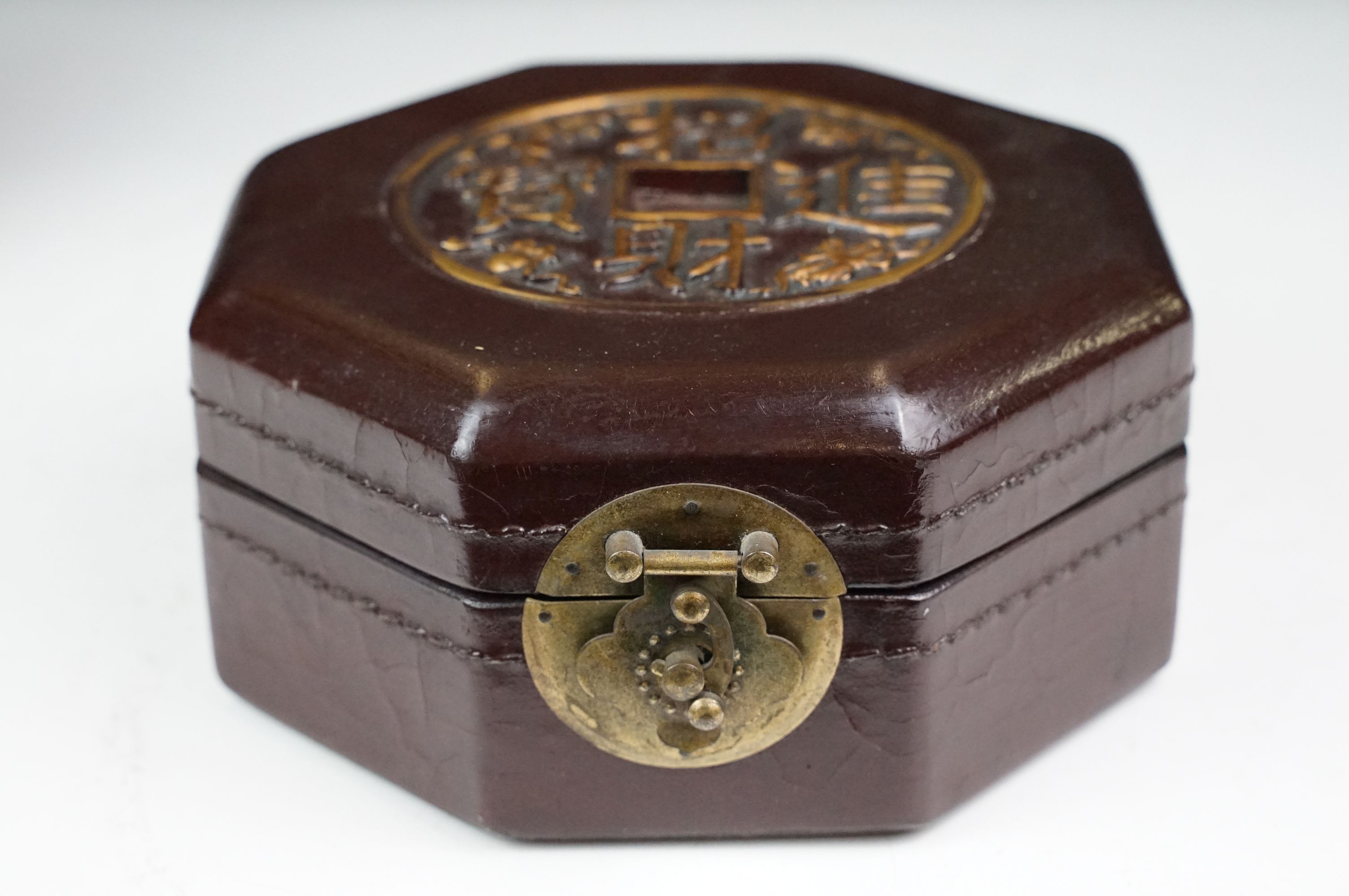 Chinese octagonal wooden box with coin decoration to lid, together with a two-tiered woven lidded - Image 4 of 11