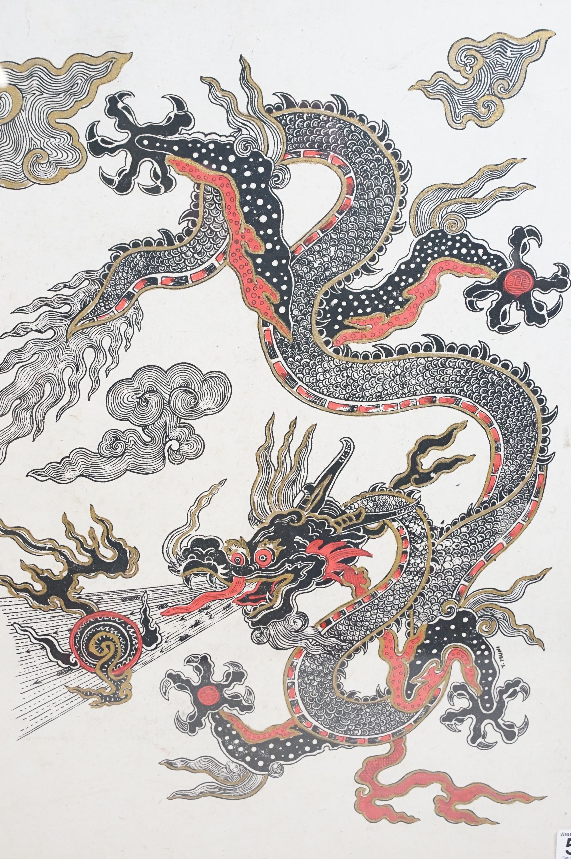 Asian woodblock print on rice paper of a Chinese dragon, highlighted in gold and red, signed T. - Image 2 of 9