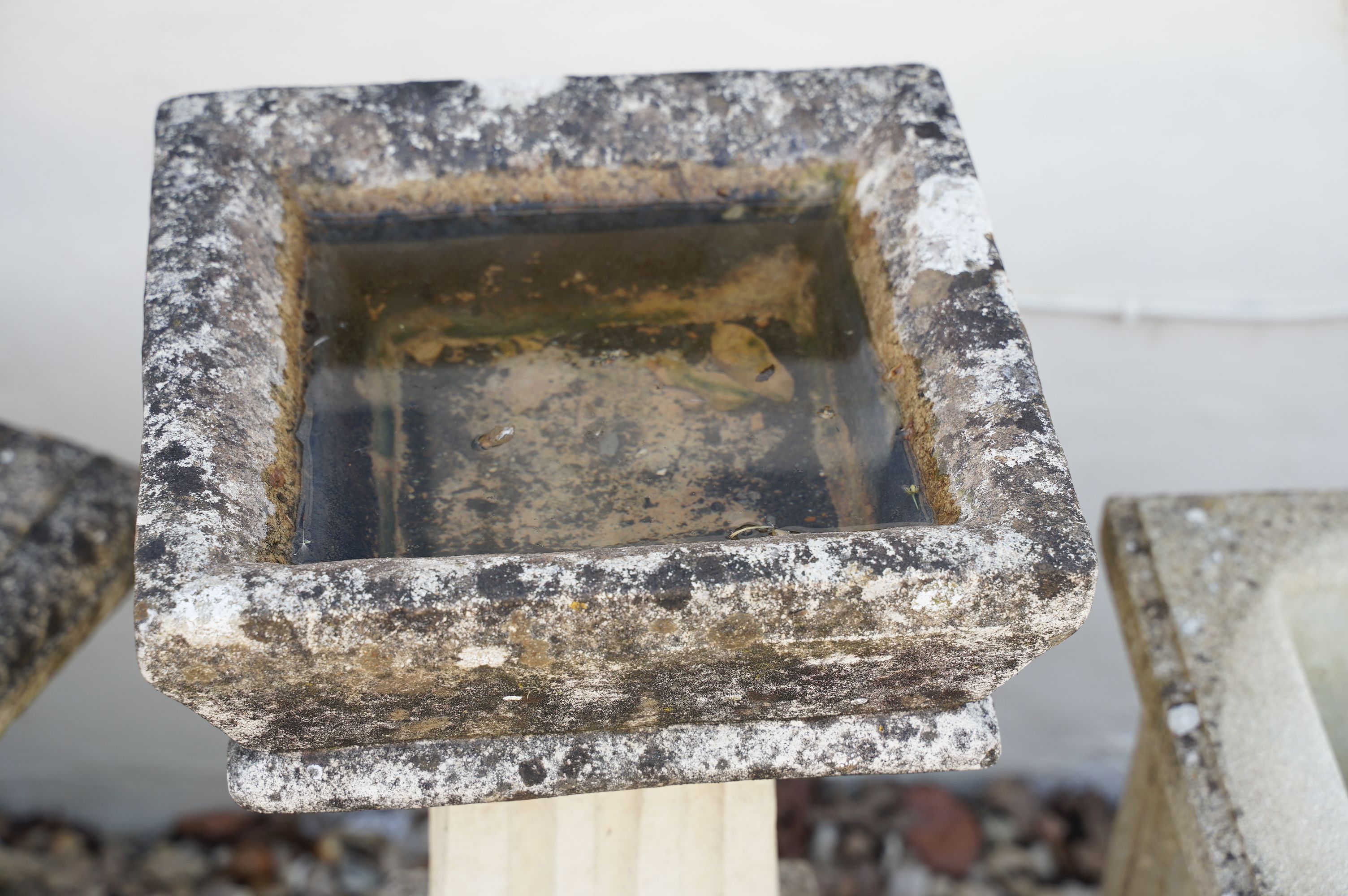 Reconstituted stone bird bath of square form, raised on a column support, measures approx 71cm high, - Image 3 of 7
