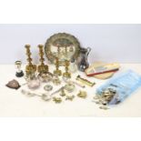 Mixed metal ware to include two pairs of brass candlesticks, silver plated tray with embossed,