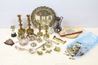 Mixed metal ware to include two pairs of brass candlesticks, silver plated tray with embossed,