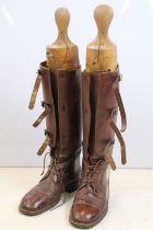Pair of John Lobb laced leather riding boots with wooden trees