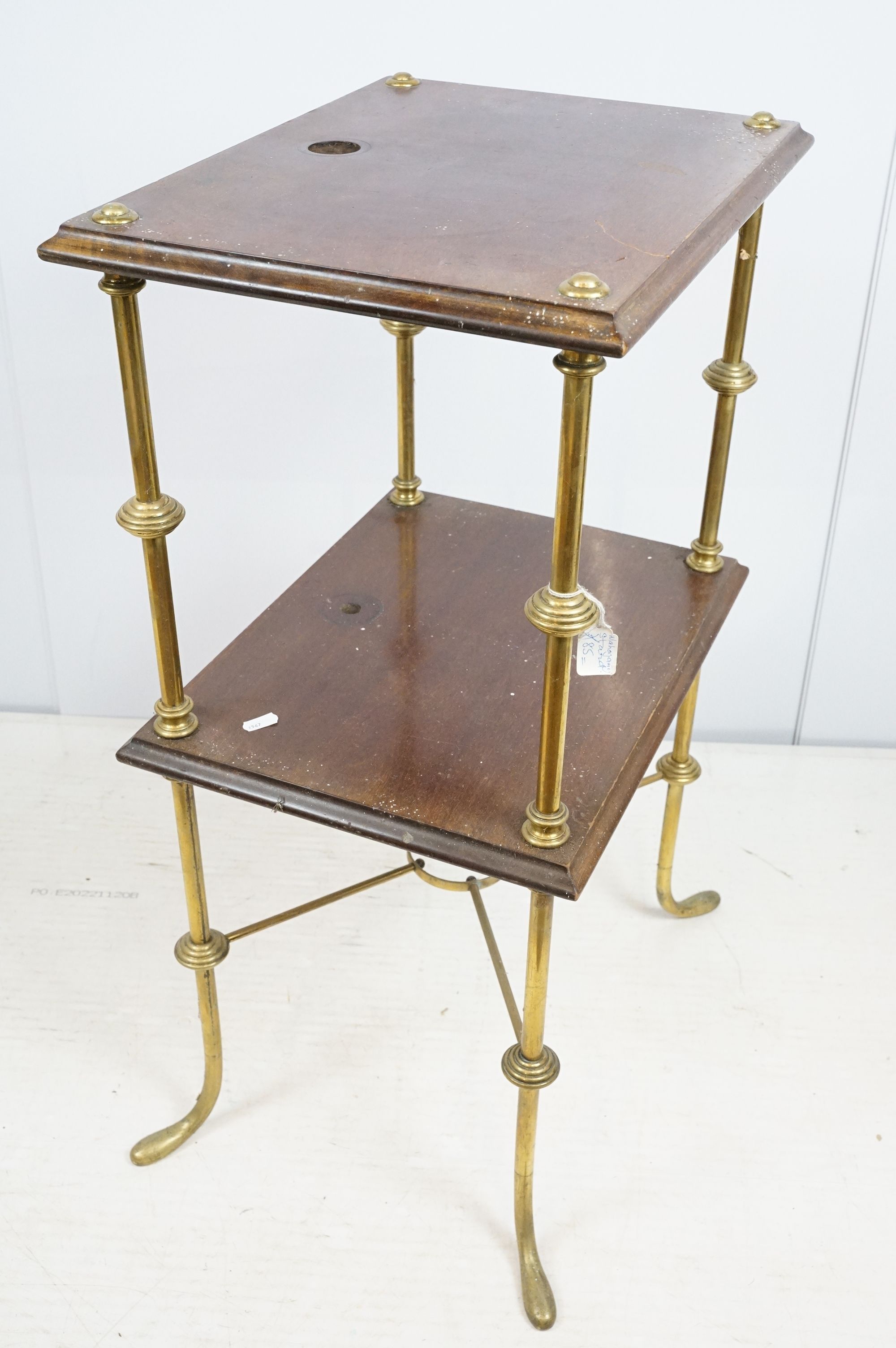Mahogany two tier table with brass supports and x-stretcher, 80cm high x 45cm wide x 36cm deep - Image 5 of 6