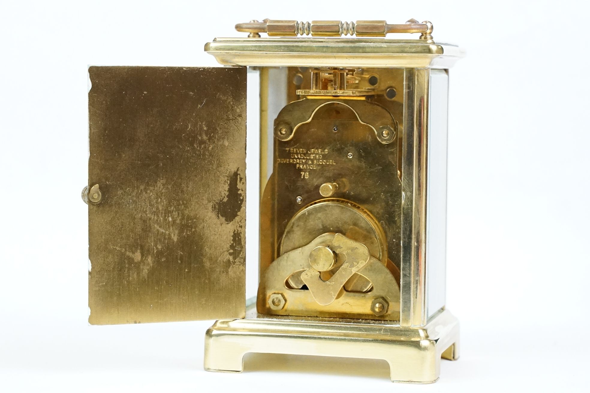 French ' Bayard ' 8 Day Carriage Clock in gilt metal case with three bevelled glass panels, 15cm - Image 8 of 9