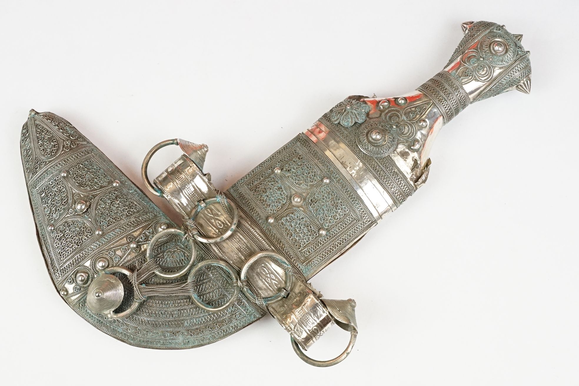 A late 19th / early 20th century Yemin silver mounted over leather sheath Jambiya. - Image 8 of 9