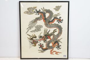 Asian woodblock print on rice paper of a Chinese dragon, highlighted in gold and red, signed T.