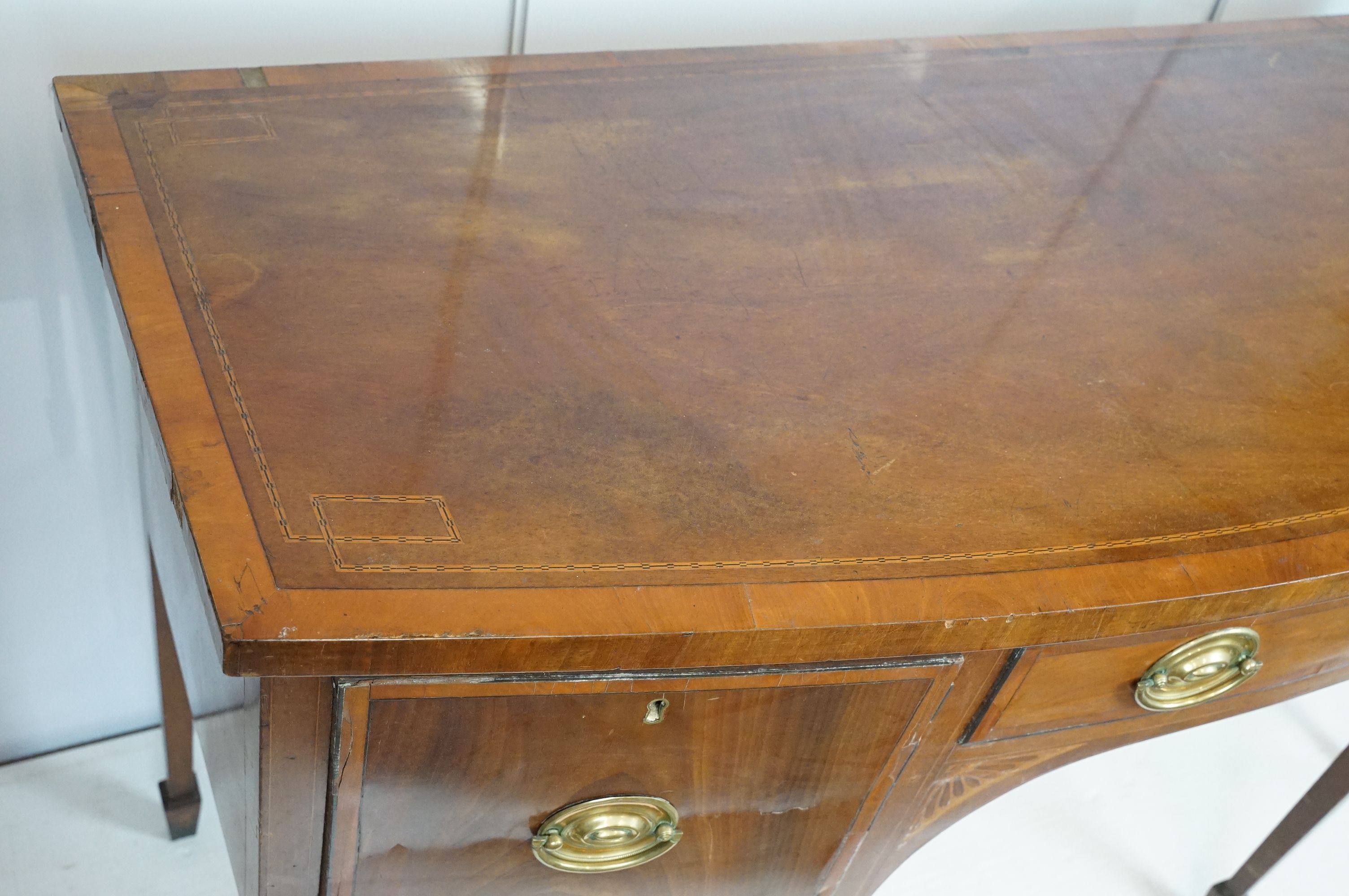 Edwardian mahogany inlaid bowfront sideboard, the central drawer flanked by two cupboard doors, on - Image 2 of 14