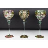 Set of three Violeta Markovic Art Nouveau style tall wine glasses, with tube lined and enamelled