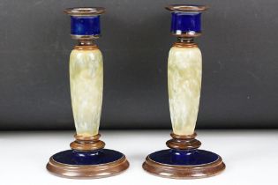 Pair of Doulton Lambeth Stoneware candlesticks, no. 821, initialled PB, height approx 20.5cm