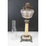 Late 19th / early 20th century alabaster column oil lamp with faceted glass font & clear glass