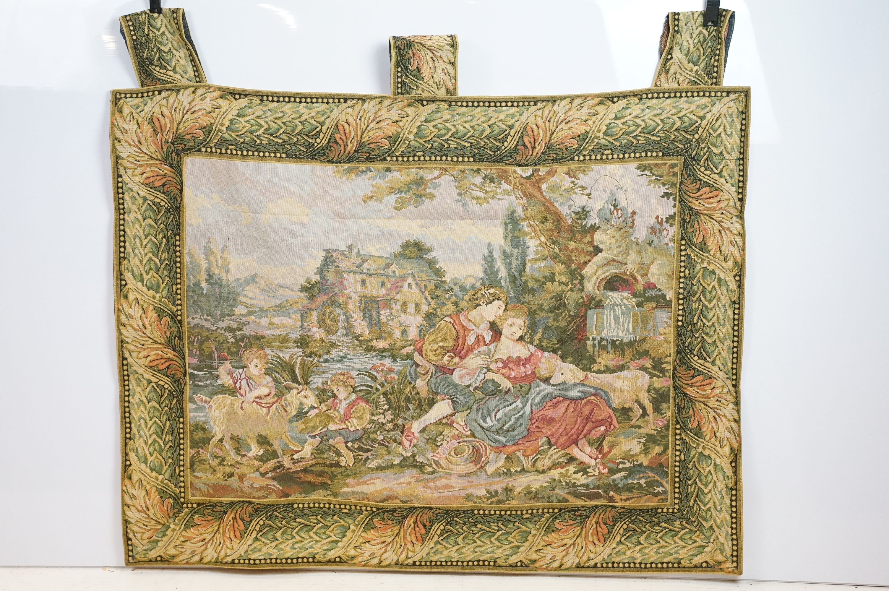 Old French tapestry, classical scene with foliate border, approx 110cm x 84cm