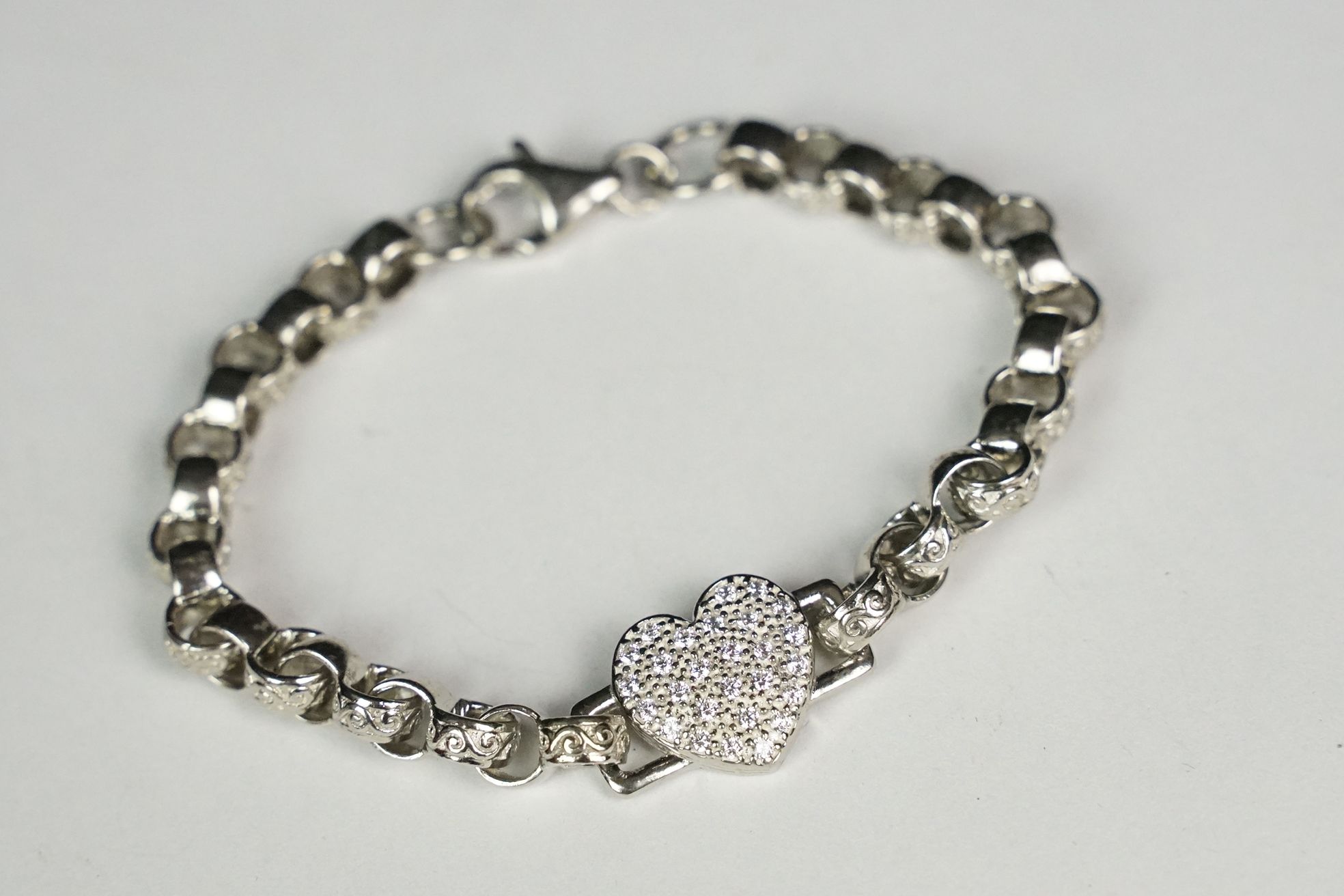 Silver bracelet with CZ heart shaped clasp